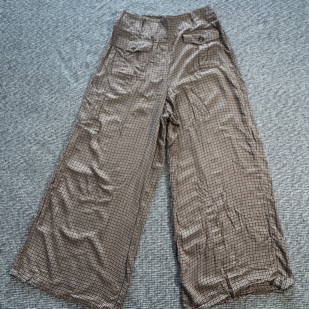 American Eagle Brown Gingham Wide Leg Smocked Back Pants Large L